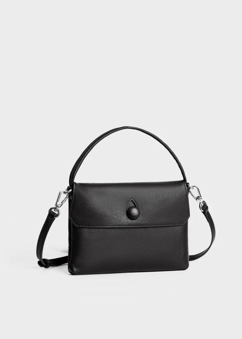 Black Elara Maison Soft Leather Small Top Handle Bag shoulder strap detail front view