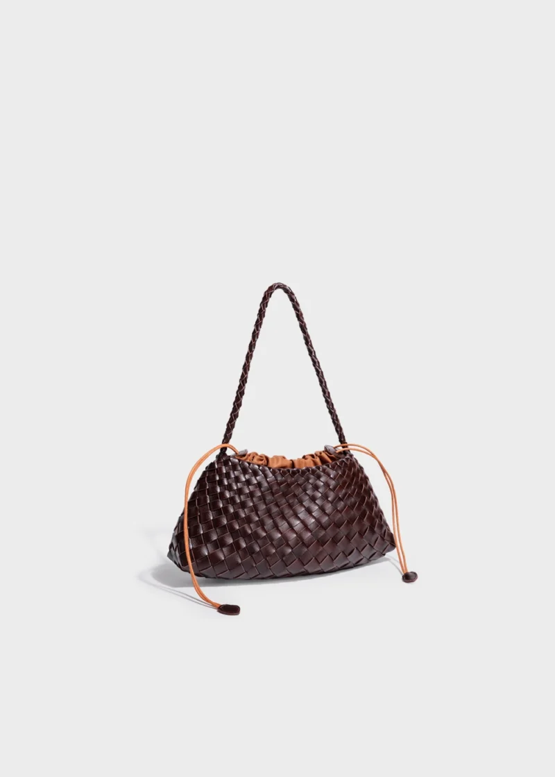 Chocolate Liora Weave Minimal Genuine Leather Shoulder Bag Front Angle View