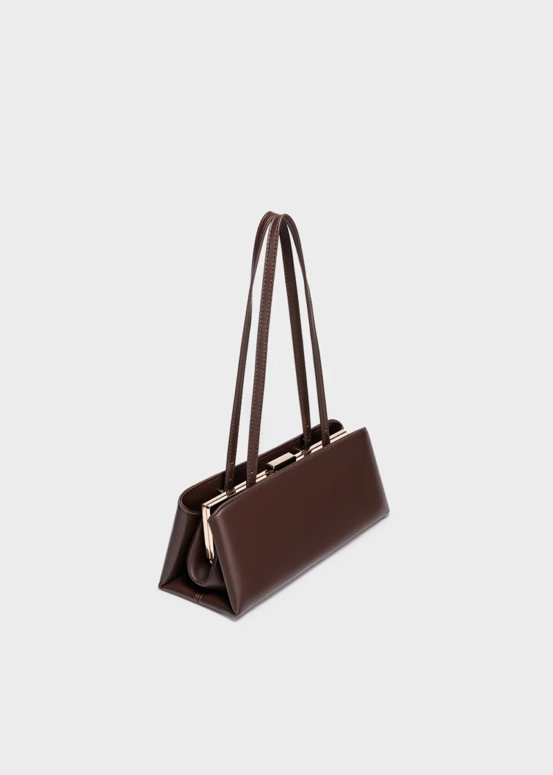 KS-BG-SB-005-MOC-01. Mocha Noelle Essence Luxury Vegan Leather Baguette Shoulder Bag Front Angle View