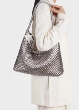 KS-BG-TB-003-GRY-model Grey Celeste Haven Woven Refined Vegan Leather Tote Bag model carrying 01