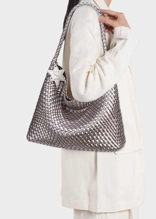Grey Celeste Haven Woven Refined Vegan Leather Tote Bag model carrying 01