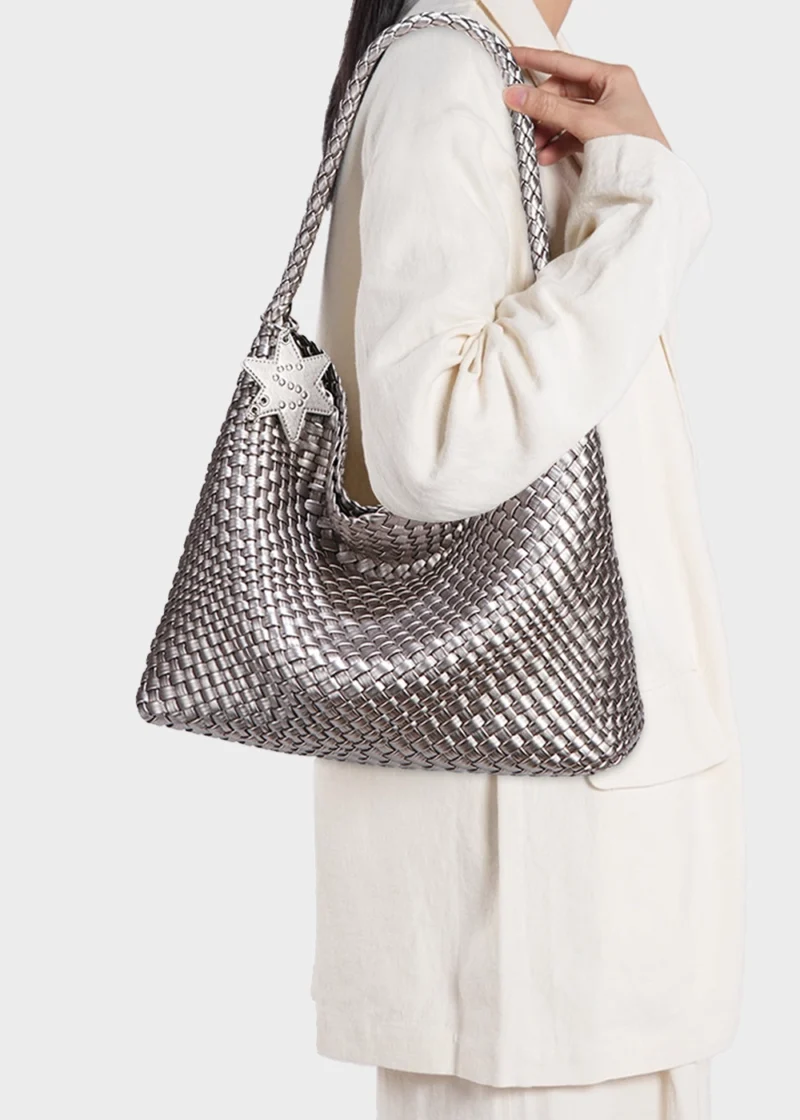 KS-BG-TB-003-GRY-model Grey Celeste Haven Woven Refined Vegan Leather Tote Bag model carrying 01