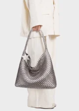 KS-BG-TB-003-GRY-model01 Grey Celeste Haven Woven Refined Vegan Leather Tote Bag model carrying 02