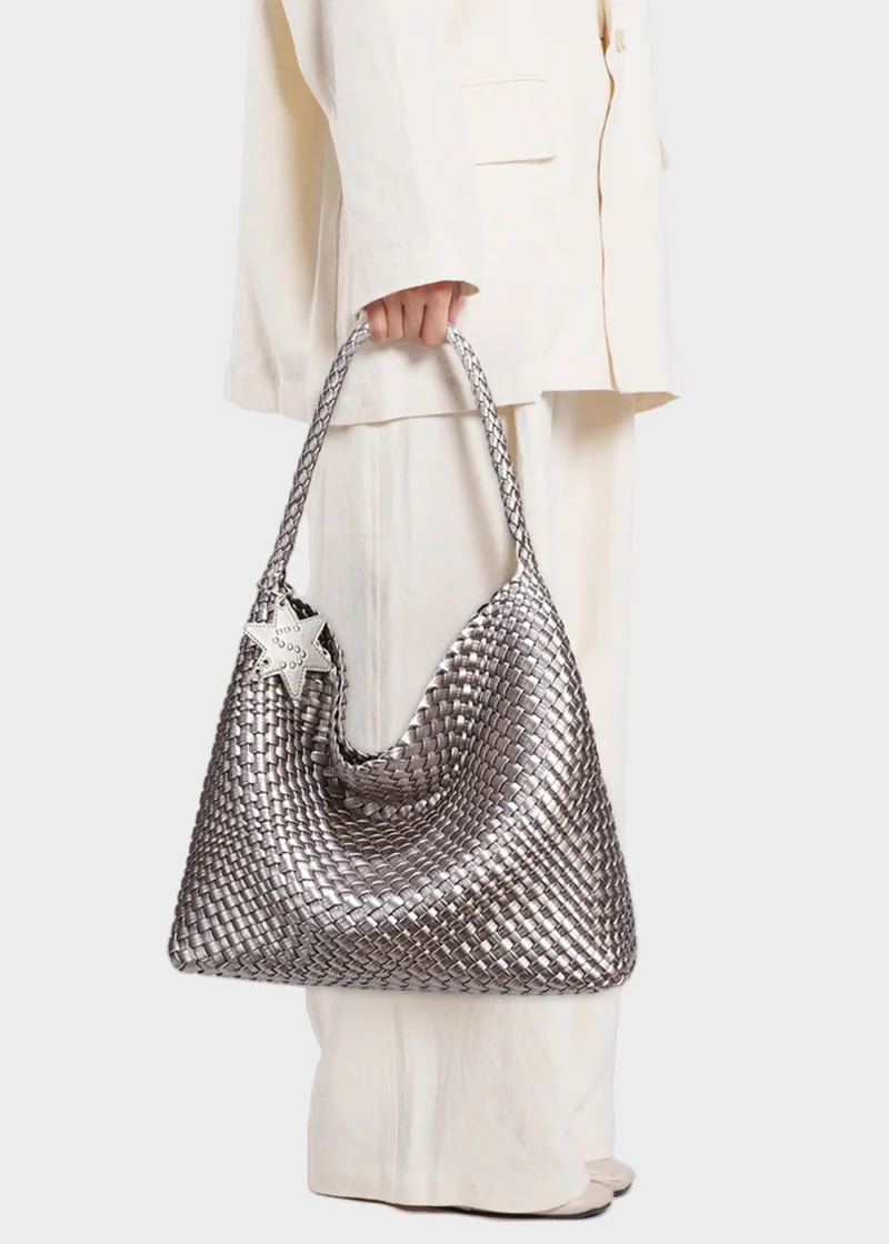 KS-BG-TB-003-GRY-model01 Grey Celeste Haven Woven Refined Vegan Leather Tote Bag model carrying 02