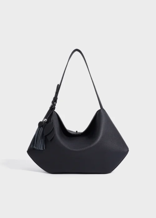 KS-BG-TB-004-BLK-01 Black Aurelia Loom Relaxed Genuine Top-Grain Leather Shoulder Tote Bag Main Image