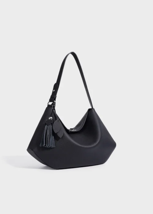 Black Aurelia Loom Relaxed Genuine Top-Grain Leather Shoulder Tote Bag Front Angle View