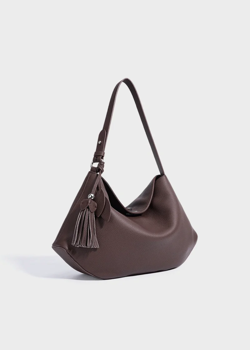 Mocha Aurelia Loom Relaxed Genuine Top-Grain Leather Shoulder Tote Bag Front Angle View