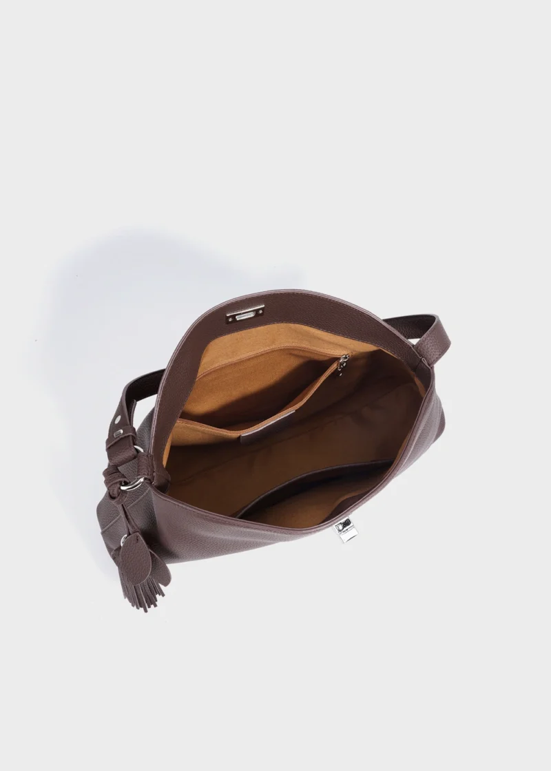 Mocha Aurelia Loom Relaxed Genuine Top-Grain Leather Shoulder Tote Bag interior view