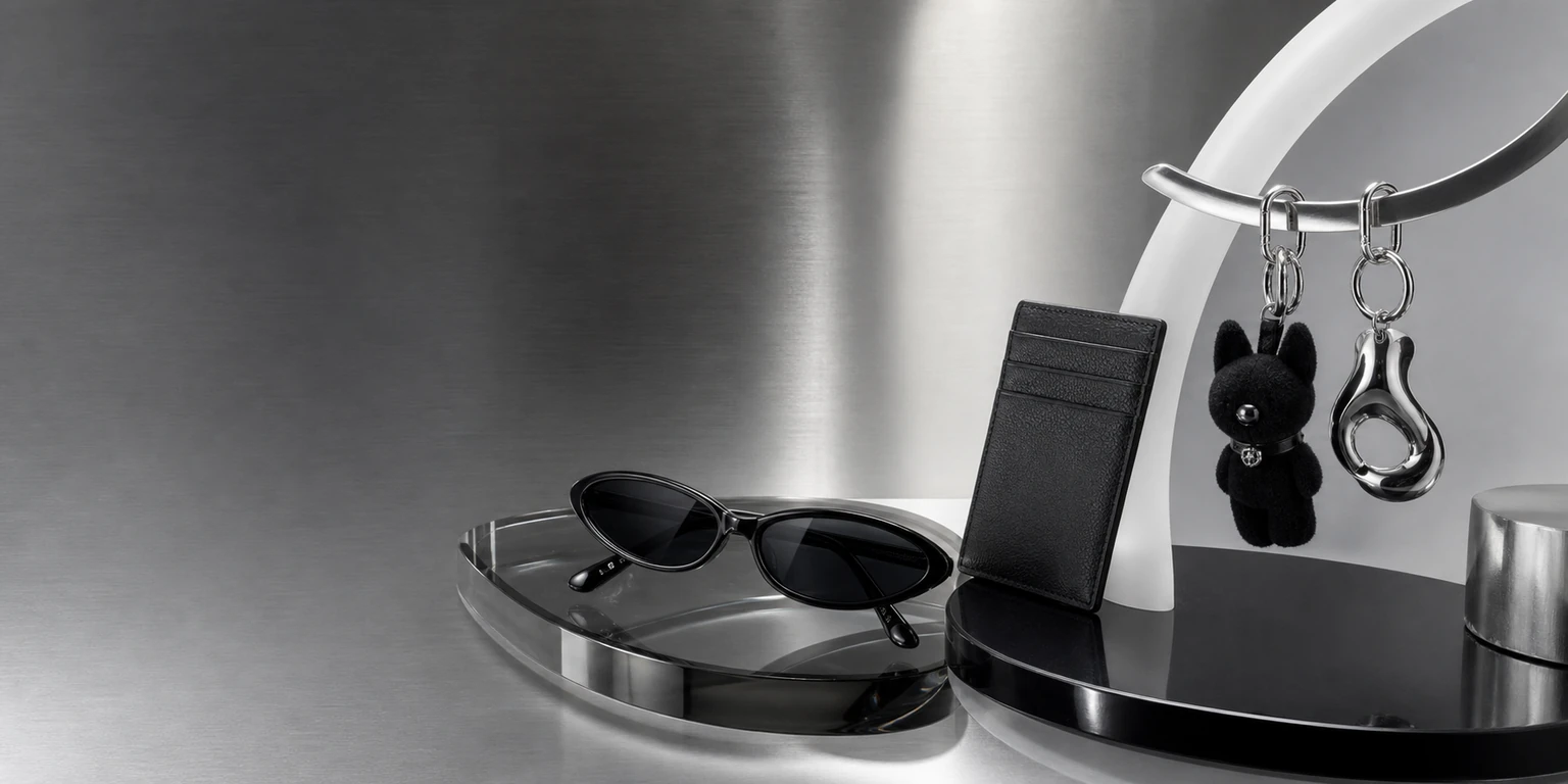 KOUSYN black fashion accessories—cat-eye sunglasses, a slim card holder, plush cat charm and silver keychain—styled in a modern metallic display.