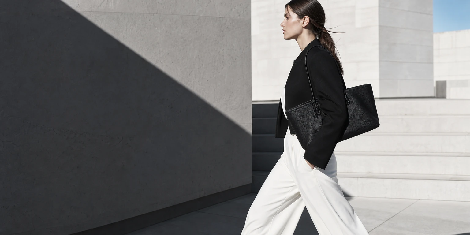 Woman carrying a black KOUSYN textured tote bag with a heart charm, walking through a sunlit modern architectural setting for the bags collection.