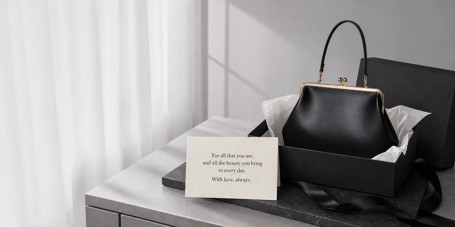 Black KOUSYN frame handbag with gold-tone hardware presented in a gift box with tissue paper and a message card, styled for the gifts collection.