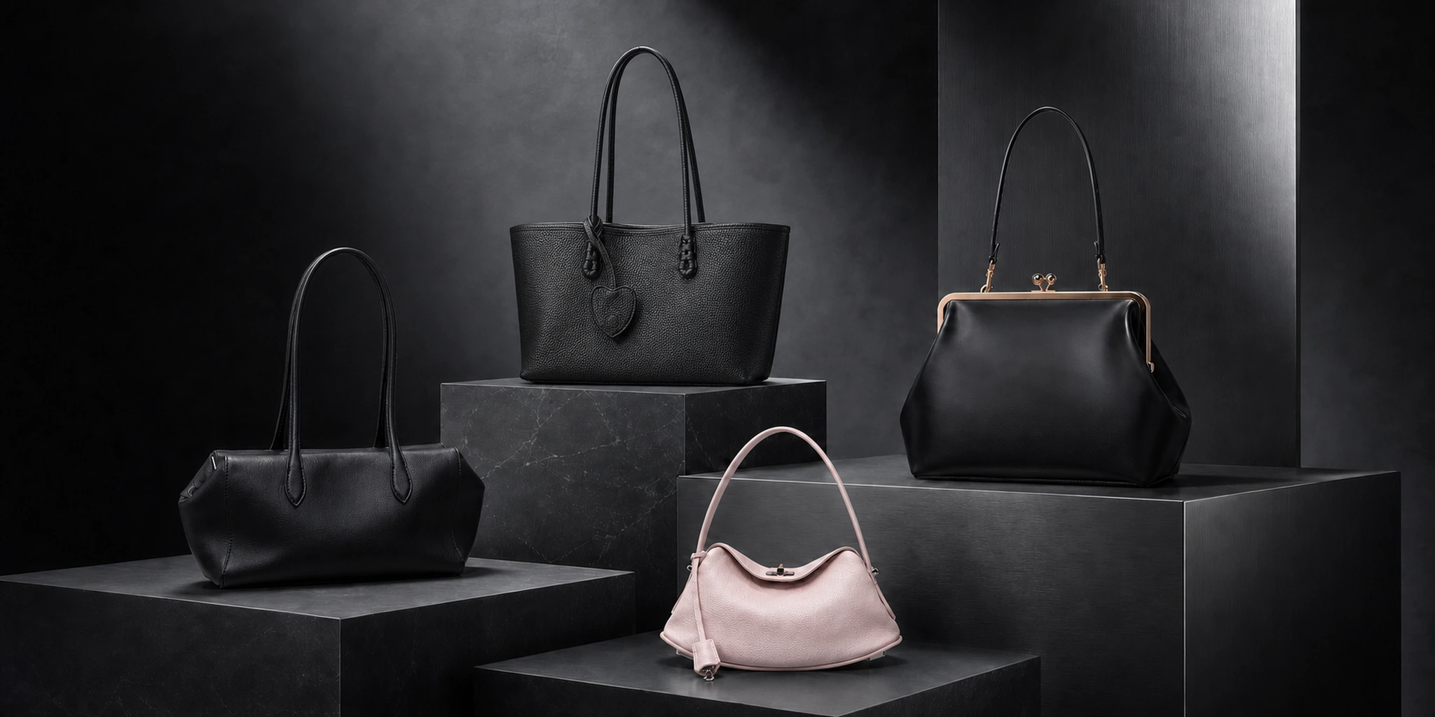 Eloise Crest, Camille Verve, Serene Atelier and blush-pink Lyra Poise handbags with refined leather displayed on dark architectural plinths for the KOUSYN new arrivals collection.