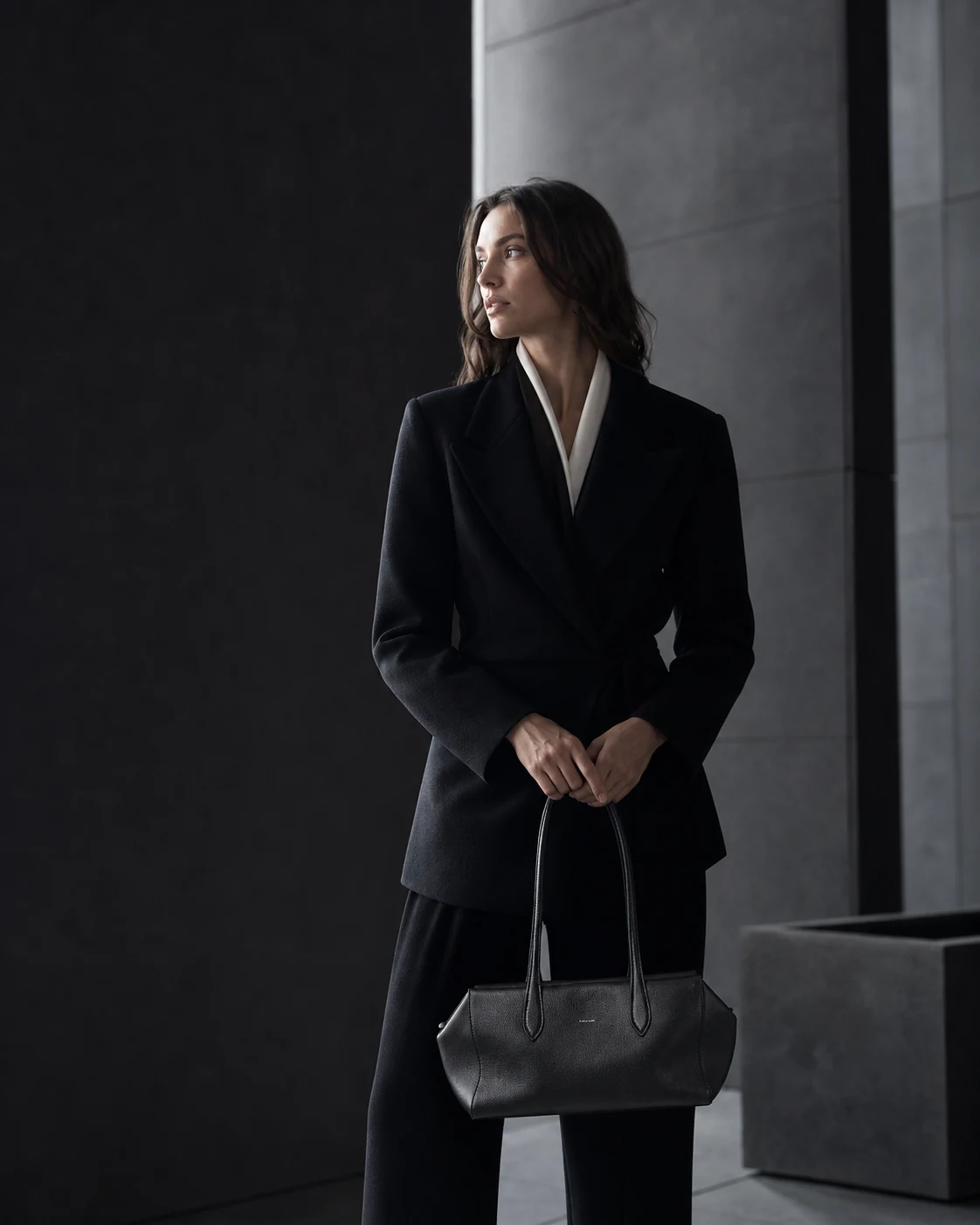 Camille Verve black leather shoulder tote carried by a woman in a cool gray architectural gallery for the KOUSYN new arrivals campaign.