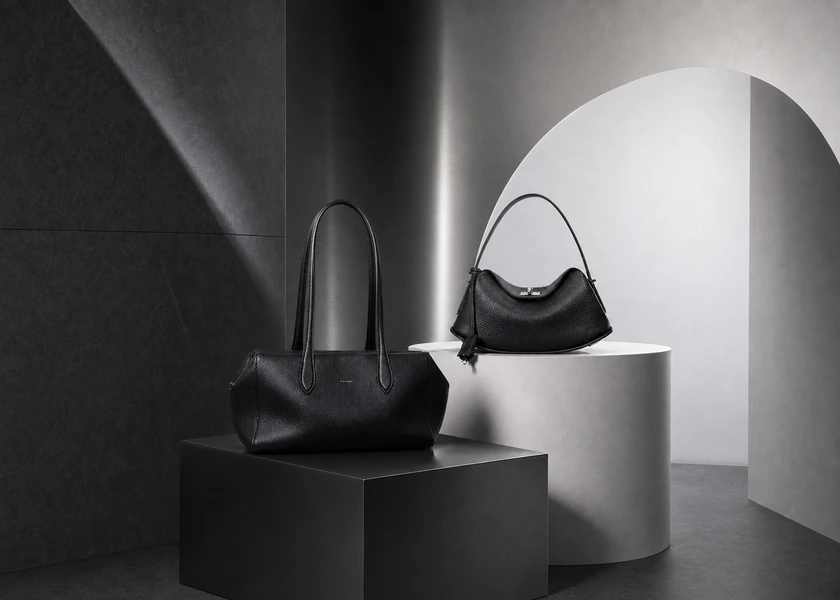 Two black KOUSYN handbags displayed on geometric plinths in a minimalist monochrome architectural studio.