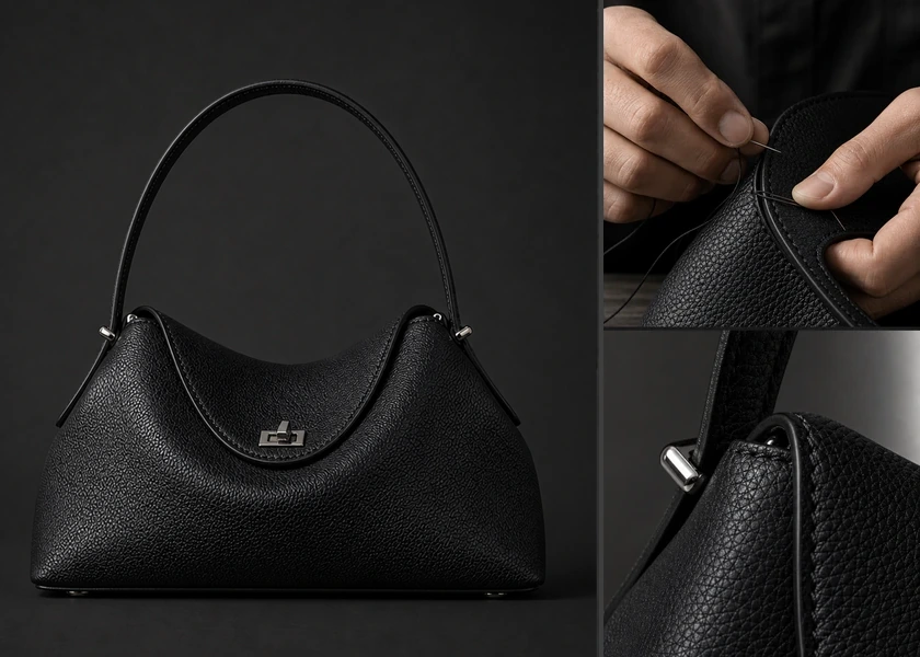 Black pebbled KOUSYN shoulder bag shown beside close-ups of precise hand stitching, refined edging and polished silver hardware.
