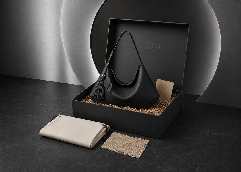 Black KOUSYN hobo bag presented in reusable packaging with recyclable paper cushioning, a cotton dust bag and a natural-fiber swatch.