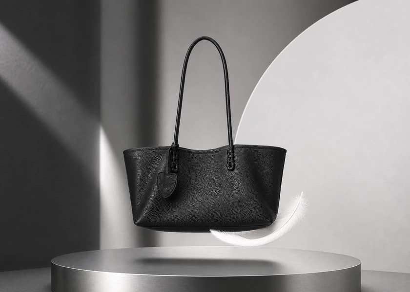 Lightweight black KOUSYN tote floating above a brushed-metal platform, with a white feather emphasizing its light and flexible construction.